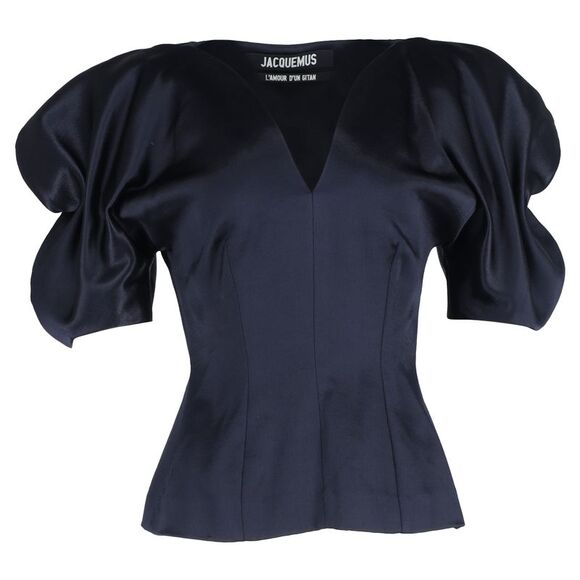 Jacquemus Puffed Sleeve V-neck Blouse in Navy Blue Satin